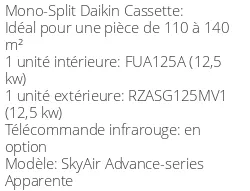 Climatiseur Cassette SkyAir Advance-series Apparente 12,1 kWatts Monophasé