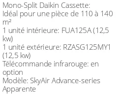 Climatiseur Cassette SkyAir Advance-series Apparente 12,1 kWatts Triphasé