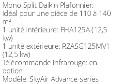 Climatiseur Plafonnier SkyAir Advance-series 12,1 kWatts Monophasé