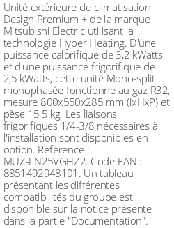 Unité extérieure Design Premium + 3.2 kWatts - R32 - Mitsubishi Electric - Réf : MUZ-LN25VGHZ2