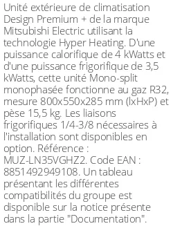 Unité extérieure Design Premium + 4 kWatts - R32 - Mitsubishi Electric - Réf : MUZ-LN35VGHZ2