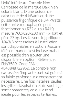 Console Non Carrossée - 4 kWatts - R32/R410 - Daikin - Réf : FNA35A9