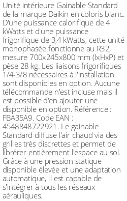 Gainable Standard - 4 kWatts - R32 - Daikin - Réf : FBA35A9