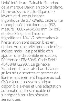 Gainable Standard - 7 kWatts - R32 - Daikin - Réf : FBA60A9