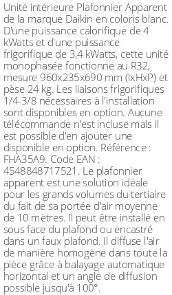 Plafonnier Apparent - 4 kWatts - R32 - Daikin - Réf : FHA35A9