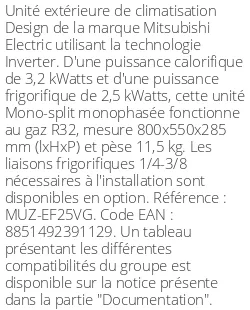 Unité extérieure Design 3.2 kWatts - R32 - Mitsubishi Electric - Réf : MUZ-EF25VG