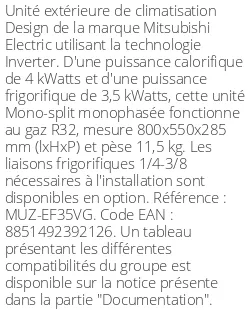 Unité extérieure Design 4 kWatts - R32 - Mitsubishi Electric - Réf : MUZ-EF35VG
