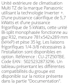 Unité extérieure Multi-split TZ 5.7 kWatts 2 sorties - R32 - Panasonic - Réf : CU-2TZ50TBE