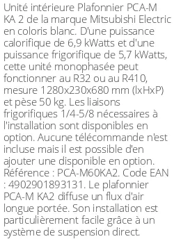 Plafonnier PCA-M KA 2 - 6.9 kWatts - R32/R410 - Mitsubishi Electric - Réf : PCA-M60KA2