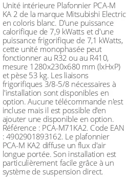 Plafonnier PCA-M KA 2 - 7.9 kWatts - R32/R410 - Mitsubishi Electric - Réf : PCA-M71KA2