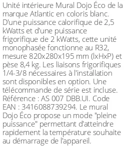 Split mural Dojo Éco - 2.5 kWatts - R32 - Atlantic - Réf : AS 007 DBB.UI