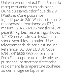 Split mural Dojo Éco - 2.9 kWatts - R32 - Atlantic - Réf : AS 009 DBB.UI