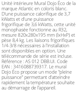 Split mural Dojo Éco - 3.7 kWatts - R32 - Atlantic - Réf : AS 012 DBB.UI
