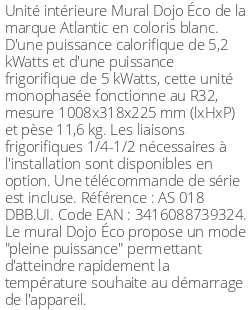 Split mural Dojo Éco - 5.2 kWatts - R32 - Atlantic - Réf : AS 018 DBB.UI