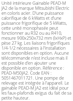 Gainable PEAD-M JA2 - 6 kWatts - R32/R410 - Mitsubishi Electric - Réf : PEAD-M50JA2