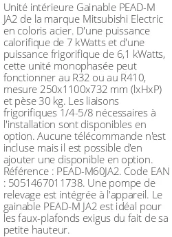 Gainable PEAD-M JA2 - 7 kWatts - R32/R410 - Mitsubishi Electric - Réf : PEAD-M60JA2