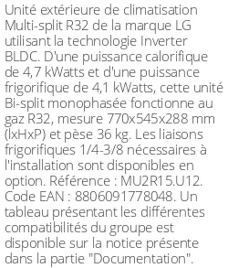 Unité extérieure Multi-split 4.7 kWatts 2 sorties - R32 - LG - Réf : MU2R15.U12