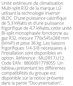 Unité extérieure Multi-split 5.3 kWatts 2 sorties - R32 - LG - Réf : MU2R17.U12