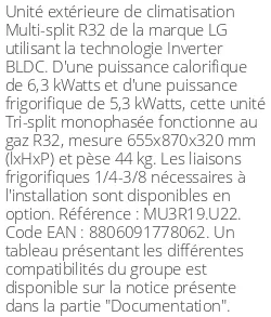 Unité extérieure Multi-split 6.3 kWatts 3 sorties - R32 - LG - Réf : MU3R19.U22