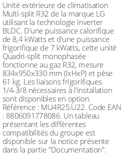 Unité extérieure Multi-split 8.4 kWatts 4 sorties - R32 - LG - Réf : MU4R25.U22