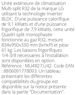 Unité extérieure Multi-split 9.1 kWatts 4 sorties - R32 - LG - Réf : MU4R27.U42